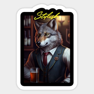 Wild And Classy Barkeeper Wolf In A Suit - Unique Wildlife Art Print For Fashion Lovers Sticker